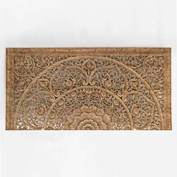 Rectangular King Size Bed Headboard, Wall Mounted Hanging Wooden Panels, Hand Carved Teak Wood Furni...