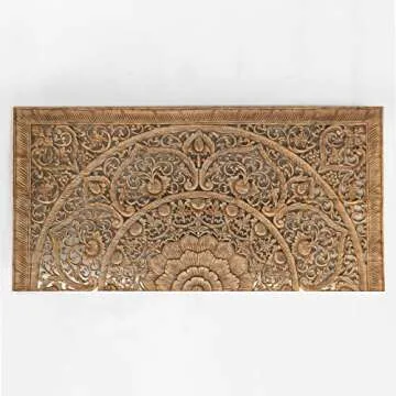 Rectangular King Size Bed Headboard, Wall Mounted Hanging Wooden Panels, Hand Carved Teak Wood Furni...