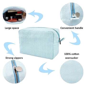 GFU Makeup Bag for Women, Cute Cosmetic Bag, Lightweight Toiletry Make up Bag, Large Seersucker Aest...