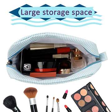 GFU Makeup Bag for Women, Cute Cosmetic Bag, Lightweight Toiletry Make up Bag, Large Seersucker Aesthetic Organizer Storage Pouch for Girls, Women and Moms Gifts, Lightblue