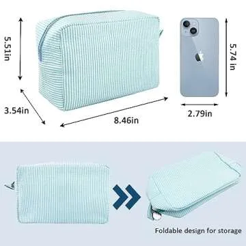 GFU Makeup Bag for Women, Cute Cosmetic Bag, Lightweight Toiletry Make up Bag, Large Seersucker Aesthetic Organizer Storage Pouch for Girls, Women and Moms Gifts, Lightblue