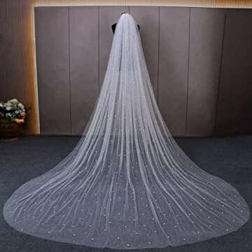 EllieWely Long Cathedral Length Pearl Wedding Bridal Veil With Metal Comb F07 3 M White