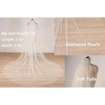 EllieWely Long Cathedral Length Pearl Wedding Bridal Veil With Metal Comb F07 3 M White