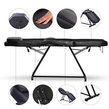 Paddie Professional Massage Bed 3-Section Folding, Adjustable Tattoo Table for Client, 73inch Facial Chair for Esthetician, Black