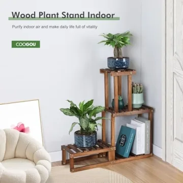 COOGOU Wood Plant Stand Elegant 4-Tier Indoor Outdoor Shelf
