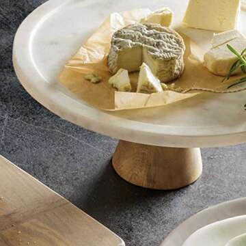 Artisanal Kitchen Supply White Marble and Wood Cake Stand