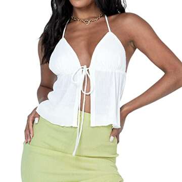 Women Y2k Front Tie Crop Tops Halter Neck Flowy Plisse Summer Going Out Top Sexy Split Sleeveless Cami Shirt (US, Alpha, Small, Regular, Regular, White)