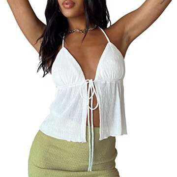 Women Y2k Front Tie Crop Tops Halter Neck Flowy Plisse Summer Going Out Top Sexy Split Sleeveless Cami Shirt (US, Alpha, Small, Regular, Regular, White)