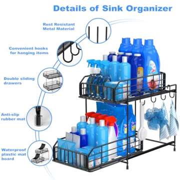 NUTSAAKK Under Sink Organizers and Storage, Kitchen Cabinet Organizer with Sliding Drawer, Upgraded Bathroom Organizer Under Sink, 2 Tier Kitchen Sink Organizer, for Cabinets, Bathroom, Kitchen, Black