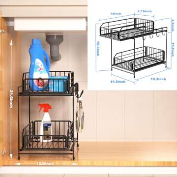 NUTSAAKK Under Sink Organizers and Storage, Kitchen Cabinet Organizer with Sliding Drawer, Upgraded Bathroom Organizer Under Sink, 2 Tier Kitchen Sink Organizer, for Cabinets, Bathroom, Kitchen, Black