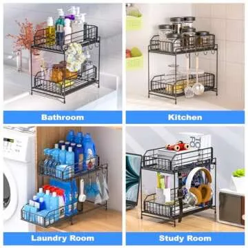 NUTSAAKK Under Sink Organizers and Storage, Kitchen Cabinet Organizer with Sliding Drawer, Upgraded Bathroom Organizer Under Sink, 2 Tier Kitchen Sink Organizer, for Cabinets, Bathroom, Kitchen, Black