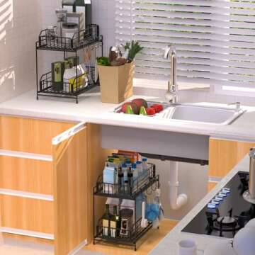 NUTSAAKK Under Sink Organizers and Storage, Kitchen Cabinet Organizer with Sliding Drawer, Upgraded Bathroom Organizer Under Sink, 2 Tier Kitchen Sink Organizer, for Cabinets, Bathroom, Kitchen, Black