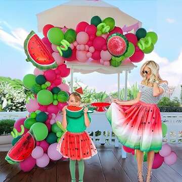 Summer fruit Watermelon Party Decorations Balloon Arch Garland Kit Red Green Pink with Watermelon mylar balloons for one in a melon theme Birthday Party Decorations
