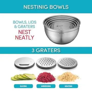 Mixing Bowls with Lids Set of 5 - Nesting Bowls with Airtight Lids and Graters - Stainless Steel Non...