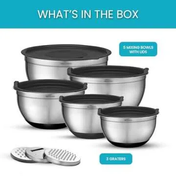 Mixing Bowls with Lids Set of 5 - Nesting Bowls with Airtight Lids and Graters - Stainless Steel Non-Slip Mixing Bowl for Baking, Food Storage and Prepping (Black)