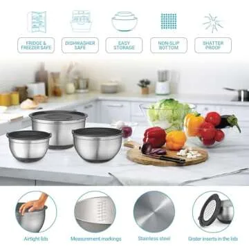 Mixing Bowls with Lids Set of 5 - Nesting Bowls with Airtight Lids and Graters - Stainless Steel Non-Slip Mixing Bowl for Baking, Food Storage and Prepping (Black)