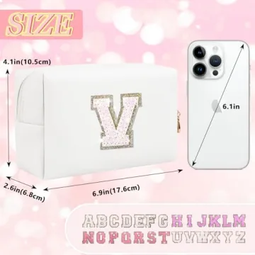 Personalized Initial Patch Makeup Bag - Cute Glitter Cosmetic Organizer