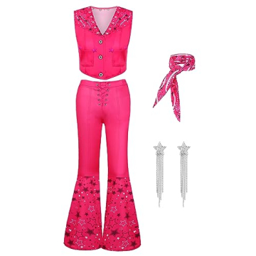 ZFQI Cowgirl Costume Outfit Women Adult 70s 80s Hippie Disco Halloween Costume Pink Flare Pant Movie...