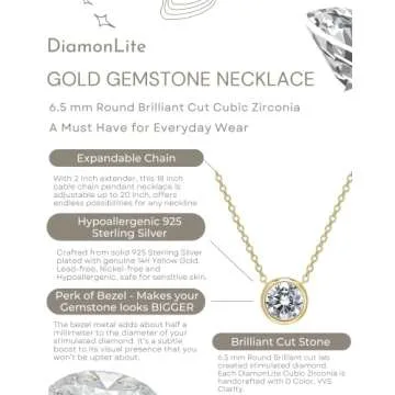 DIAMONLITE 1 Ct Round Cubic Zirconia Gold Plated 925 Sterling Silver Bezel Set Necklace for Women - ...