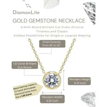 DIAMONLITE 1 Ct Round Cubic Zirconia Gold Plated 925 Sterling Silver Bezel Set Necklace for Women - 18" + 2"