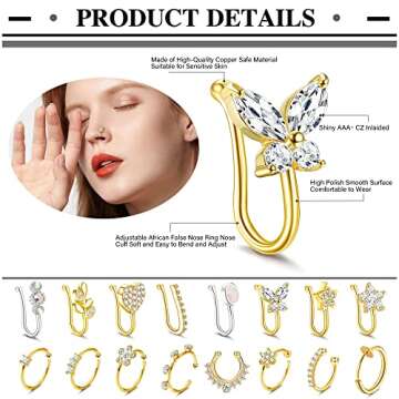 DOLOTTA 16Pcs Nose Cuff Fake Nose Ring Hoop Clip on Nose Ring Cubic Zirconia Fake Septum Nose Ring C...