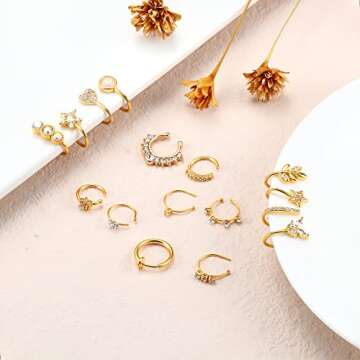 DOLOTTA 16Pcs Nose Cuff Fake Nose Ring Hoop Clip on Nose Ring Cubic Zirconia Fake Septum Nose Ring Cartilage Tragus Ring Nose Cuff Non Piercing for Women Men Gold