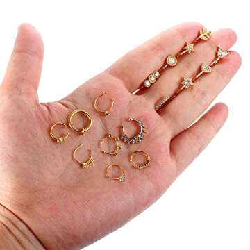 DOLOTTA 16Pcs Nose Cuff Fake Nose Ring Hoop Clip on Nose Ring Cubic Zirconia Fake Septum Nose Ring Cartilage Tragus Ring Nose Cuff Non Piercing for Women Men Gold