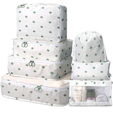 Packing Cubes 7 Pcs Travel Luggage Packing Organizers Set with Toiletry Bag (White Cactus)