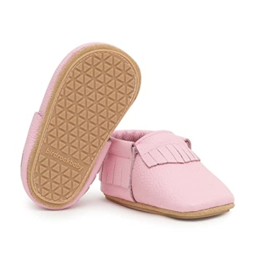 BirdRock Baby Hard Sole Moccasins - Genuine Leather Shoes for Boys and Girls (Light Pink, 6.5)