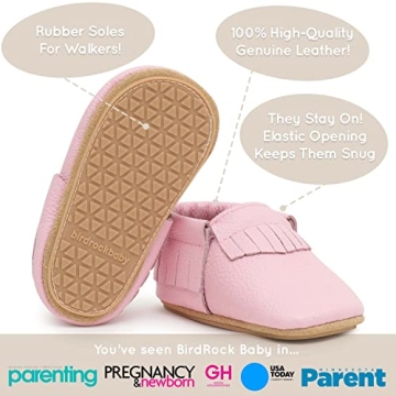 BirdRock Baby Hard Sole Moccasins - Genuine Leather Shoes for Boys and Girls (Light Pink, 6.5)