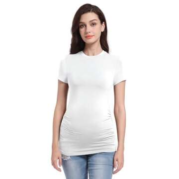 Foucome Women's Maternity T Shirts Short Sleeve Side Ruched Pregnancy Tops Crew Neck Clothes, White, L
