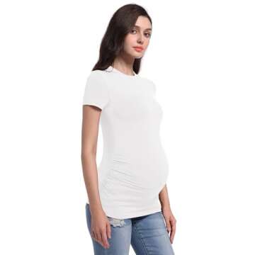Foucome Women's Maternity T Shirts Short Sleeve Side Ruched Pregnancy Tops Crew Neck Clothes, White, L