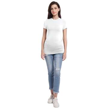 Foucome Women's Maternity T Shirts Short Sleeve Side Ruched Pregnancy Tops Crew Neck Clothes, White, L