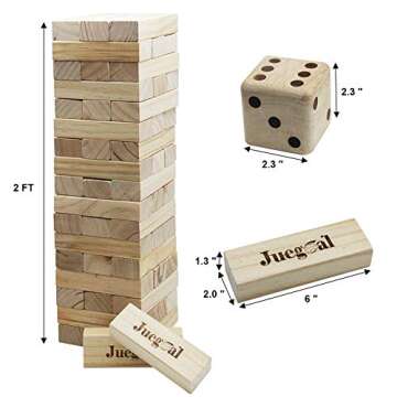 Juegoal 54 Pieces Giant Tumble Tower Blocks Game Giant Wood Stacking Game with 1 Dice Set Canvas Bag for Adult, Kids, Family