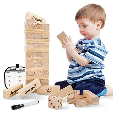 Juegoal 54 Pieces Giant Tumble Tower Blocks Game Giant Wood Stacking Game with 1 Dice Set Canvas Bag for Adult, Kids, Family