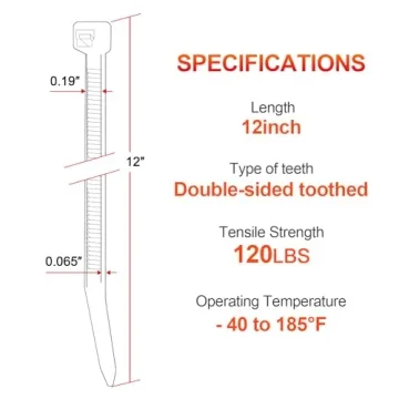 12 Inch White Zip Ties Double Sided Toothed,120 LBS Tensile Strength Heavy Duty Cable Wire Ties With...