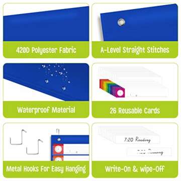Daily Schedule Pocket Chart, Classroom Charts with 13+1 Pockets, 13 Double-Sided Reusable Colored Cards, 13 Blank Ones and 2 Over-Door Mounting Hangers Include (Blue, 13” x 36”)