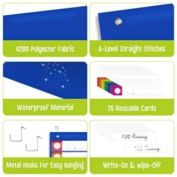 Daily Schedule Pocket Chart, Classroom Charts with 13+1 Pockets, 13 Double-Sided Reusable Colored Cards, 13 Blank Ones and 2 Over-Door Mounting Hangers Include (Blue, 13” x 36”)
