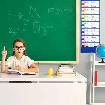 Daily Schedule Pocket Chart, Classroom Charts with 13+1 Pockets, 13 Double-Sided Reusable Colored Cards, 13 Blank Ones and 2 Over-Door Mounting Hangers Include (Blue, 13” x 36”)