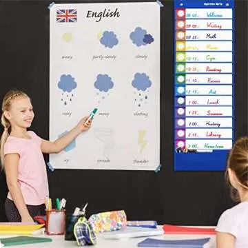 Daily Schedule Pocket Chart, Classroom Charts with 13+1 Pockets, 13 Double-Sided Reusable Colored Cards, 13 Blank Ones and 2 Over-Door Mounting Hangers Include (Blue, 13” x 36”)