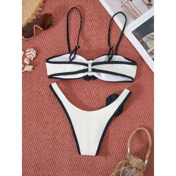 BEAUDRM Women's 2 Piece Bikini Set High Waisted Bathing Suit Tie Back 3D Rose High Cut Thong Bikini ...