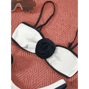 BEAUDRM Women's 2 Piece Bikini Set High Waisted Bathing Suit Tie Back 3D Rose High Cut Thong Bikini Swimsuit Beachwear Black and White 1 Large