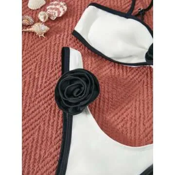 BEAUDRM Women's 2 Piece Bikini Set High Waisted Bathing Suit Tie Back 3D Rose High Cut Thong Bikini Swimsuit Beachwear Black and White 1 Large