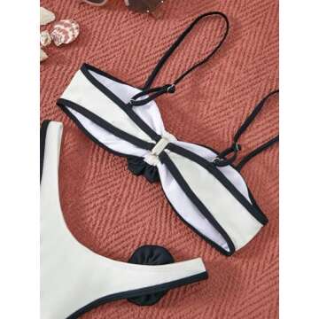 BEAUDRM Women's 2 Piece Bikini Set High Waisted Bathing Suit Tie Back 3D Rose High Cut Thong Bikini Swimsuit Beachwear Black and White 1 Large