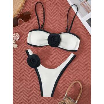 BEAUDRM Women's 2 Piece Bikini Set High Waisted Bathing Suit Tie Back 3D Rose High Cut Thong Bikini Swimsuit Beachwear Black and White 1 Large