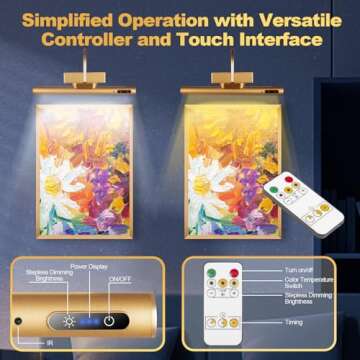 LYTARA Dimmable Cordless Picture Light with Controller and Timer, Rechargeable 5000mAh Battery Wall Sconce for Wall Pictures, Gallery Artwork, Paintings, Portraits, Dartboards (Gold)