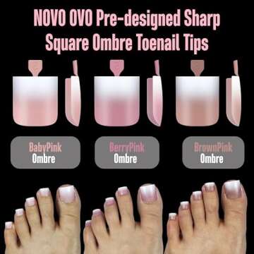 NOVO OVO Ombre French Tip Press on Toe Nail Tips, Sharp Square Pre-Designed Soft Gel False Toenail Extension, BROWN PINK Pre-applied Tip Primer & Base Coat, Full Cover Acrylic DIY x 15 Sizes 240 pcs