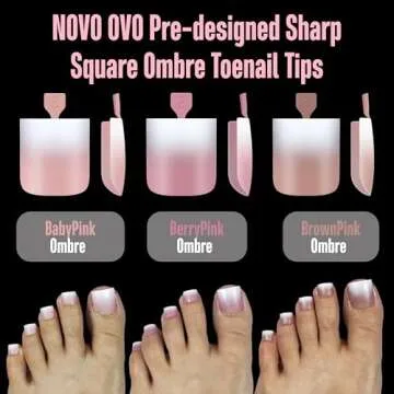 NOVO OVO Ombre French Tip Press on Toe Nail Tips, Sharp Square Pre-Designed Soft Gel False Toenail Extension, BROWN PINK Pre-applied Tip Primer & Base Coat, Full Cover Acrylic DIY x 15 Sizes 240 pcs