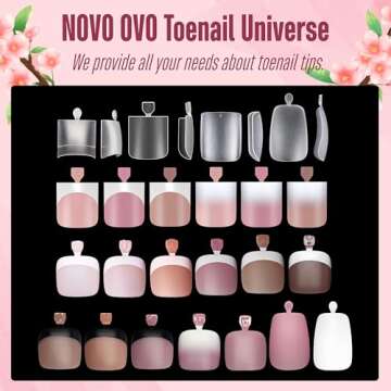 NOVO OVO Ombre French Tip Press on Toe Nail Tips, Sharp Square Pre-Designed Soft Gel False Toenail Extension, BROWN PINK Pre-applied Tip Primer & Base Coat, Full Cover Acrylic DIY x 15 Sizes 240 pcs