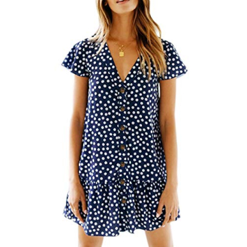 Imysty Womens Polka Dot V Neck Button Down Ruffles Loose Mini Short T-Shirt Dress